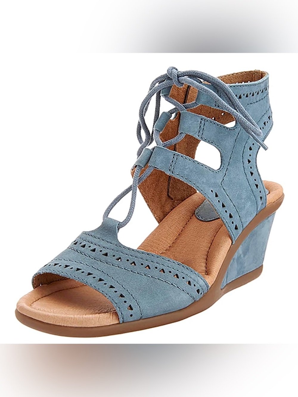 Earth Blue Suede Lace-Up Peep-Toe Wedge Sandals